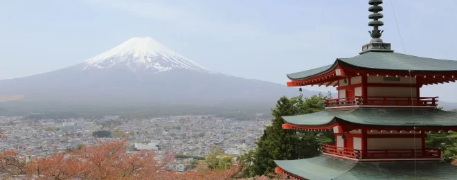 新倉山浅間公園からの富士山と桜と五重塔