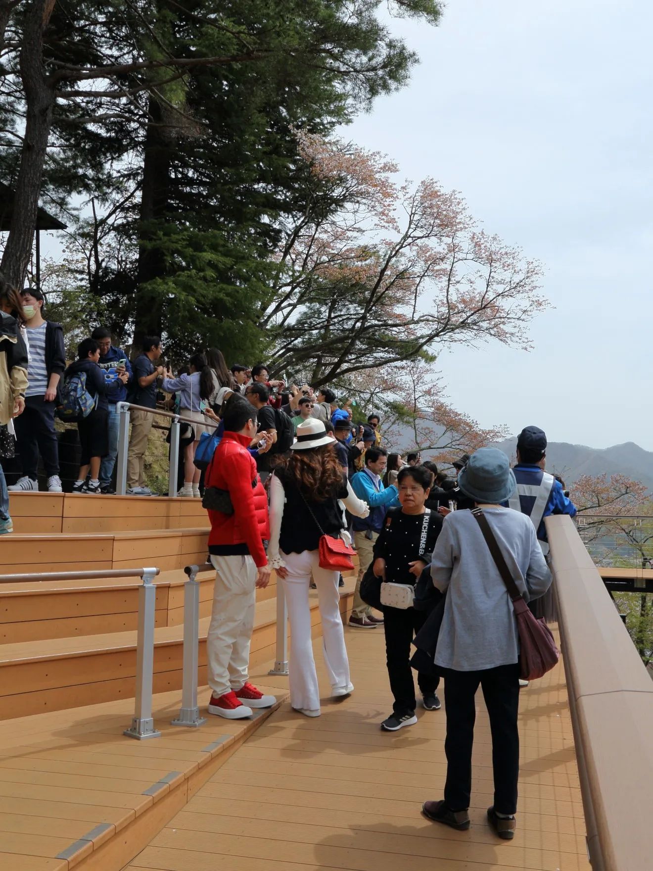 展望デッキから富士山を眺める来園客